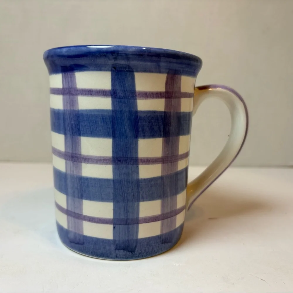 Smuckers vintage hand painted blue purple & white gingham 18 oz. coffee mug